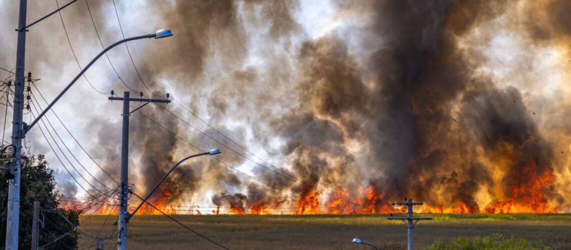 Rural landscape with a field engulfed in flames and thick smoke rising under a clear sky.